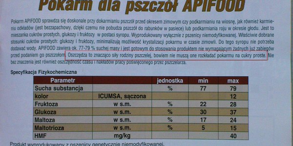 Fragment reklamy gotowego pokarmu dla pszczół